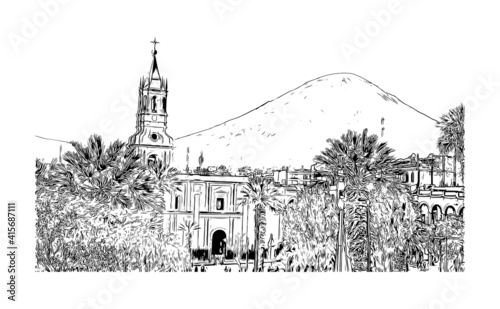 Building view with landmark of Arequipa is the
city in Peru. Hand drawn sketch illustration in vector.