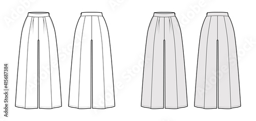 Pants gaucho technical fashion illustration with low normal waist, single pleat, ankle cropped length, seam pockets. Flat trousers apparel template back, white grey color. Women men, unisex CAD mockup
