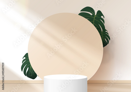 White stage podium for product display, advertising, show, placed in room at clean. Window shadow and sunlight, backdrop. Platform base decor with circle, leaves. Minimal style. Vector illustration.