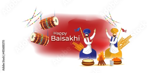 Vector illustration for happy Baisakhi, Indian punjabi festival with festival theme elements.