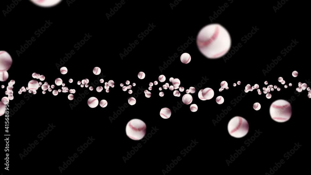 Flying many baseball balls on black background. Bat and ball. Sport equipment. 3D loop animation of baseball balls with red stitching. Flying many baseball balls on black background. Bat and ball. Sport equipment. 3D loop animation of baseball balls with red stitching.