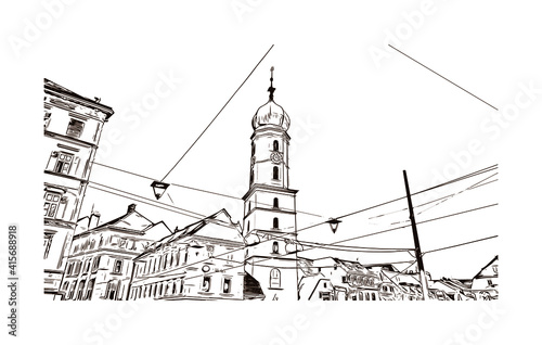 Building view with landmark of Graz is the city in Austria. Hand drawn sketch illustration in vector.