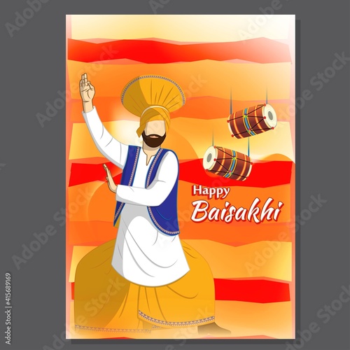 Vector illustration for happy Baisakhi, Indian punjabi festival with festival theme elements.