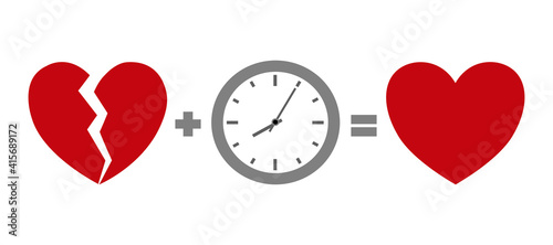 Time heal a broken heart concept vector illustration on white background. Red heart with clock in flat design. 
