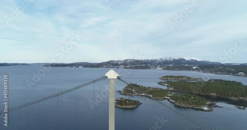 Panning aerial view over Norwegian islands connected by bridges, in the West Coast of Norway during winter. photo