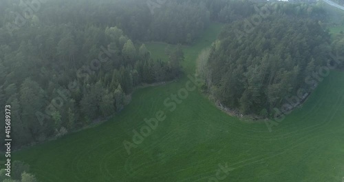 Aerial view over foggy Norwegian forest photo
