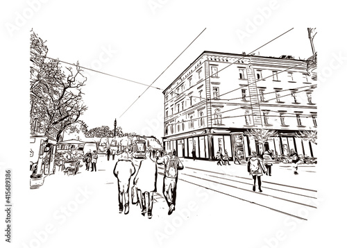 Building view with landmark of Graz is the
city in Austria. Hand drawn sketch illustration in vector.