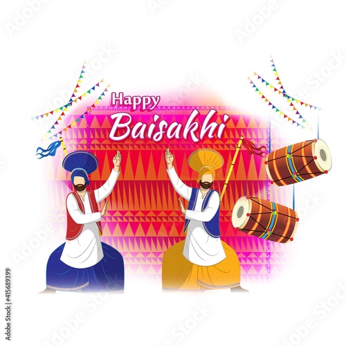 Vector illustration for happy Baisakhi, Indian punjabi festival with festival theme elements.