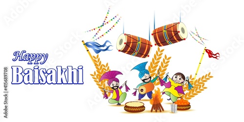 Vector illustration for happy Baisakhi, Indian punjabi festival with festival theme elements.