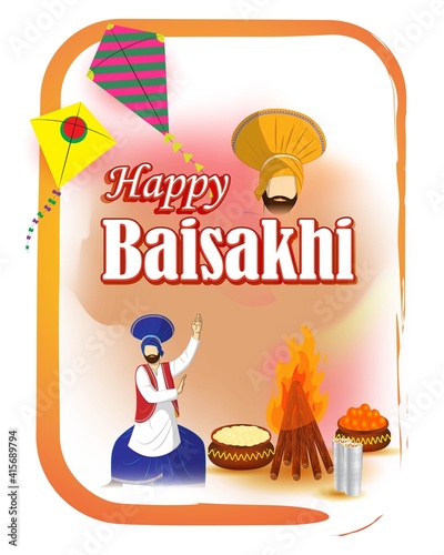 Vector illustration for happy Baisakhi, Indian punjabi festival with festival theme elements.