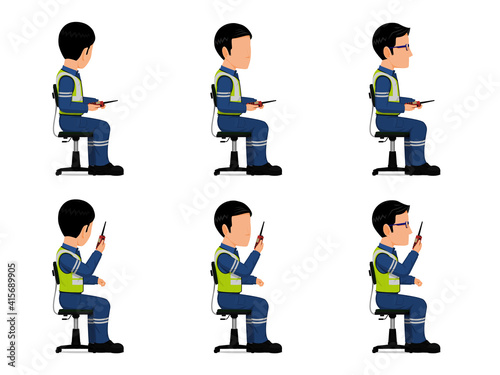 set of industrial worker is talking with the walkie-talkie