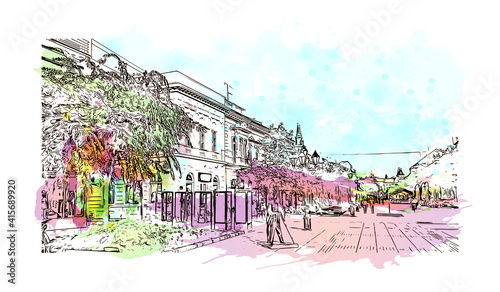 Building view with landmark of Sombor is the
city in Serbia. Watercolour splash with hand drawn sketch illustration in vector.