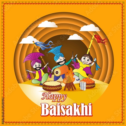 Vector illustration for happy Baisakhi, Indian punjabi festival with festival theme elements.