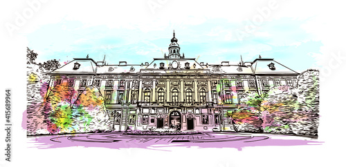 Building view with landmark of Sombor is the
city in Serbia. Watercolour splash with hand drawn sketch illustration in vector.