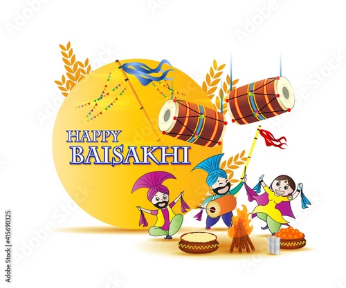 Vector illustration for happy Baisakhi, Indian punjabi festival with festival theme elements.