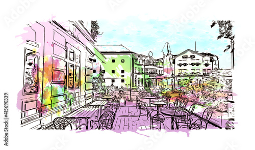 Building view with landmark of Sombor is the
city in Serbia. Watercolour splash with hand drawn sketch illustration in vector.
