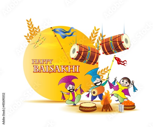 Vector illustration for happy Baisakhi, Indian punjabi festival with festival theme elements.