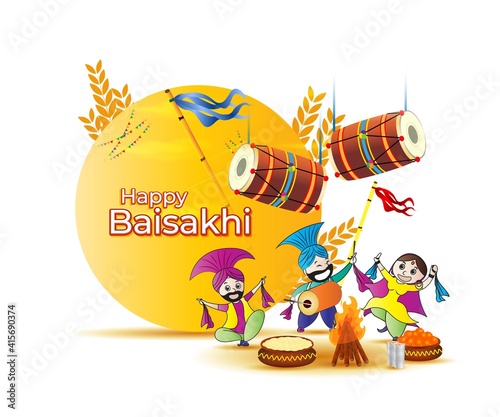 Vector illustration for happy Baisakhi, Indian punjabi festival with festival theme elements.