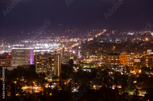 Aerial nighttime skyline view of Downtown Riverside  California  USA.