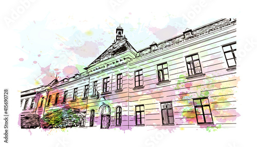 Building view with landmark of Sombor is the
city in Serbia. Watercolour splash with hand drawn sketch illustration in vector.