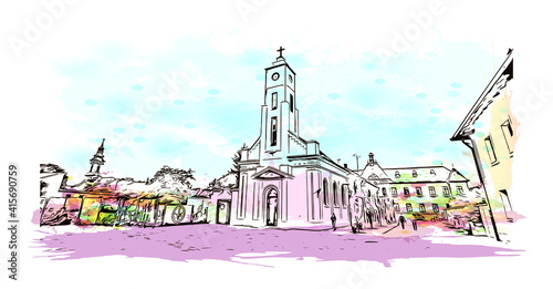 Building view with landmark of Sombor is the
city in Serbia. Watercolour splash with hand drawn sketch illustration in vector.
