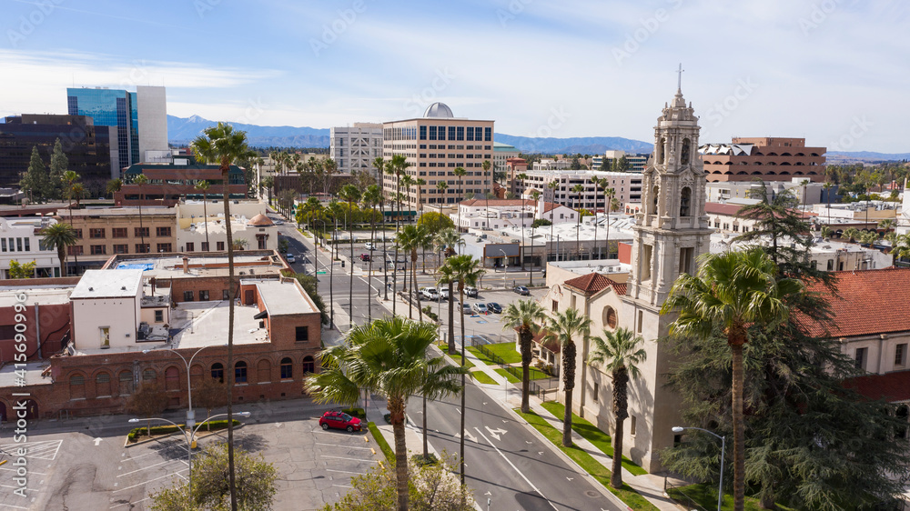 Aerial view of the historic skyline of downtown Riverside, California, USA.