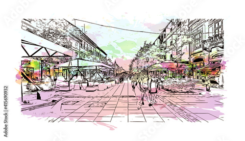 Building view with landmark of Sombor is the
city in Serbia. Watercolour splash with hand drawn sketch illustration in vector.