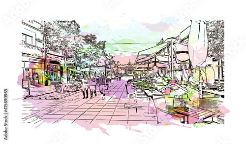 Building view with landmark of Sombor is the
city in Serbia. Watercolour splash with hand drawn sketch illustration in vector.