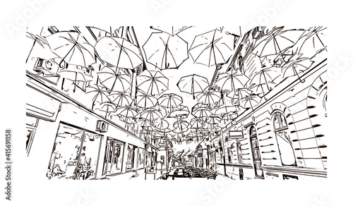 Building view with landmark of Sombor is the
city in Serbia. Hand drawn sketch illustration in vector.