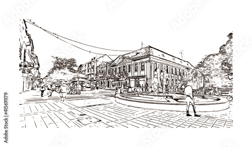 Building view with landmark of Sombor is the
city in Serbia. Hand drawn sketch illustration in vector.