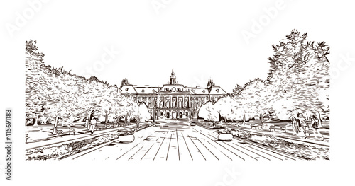 Building view with landmark of Sombor is the
city in Serbia. Hand drawn sketch illustration in vector.
