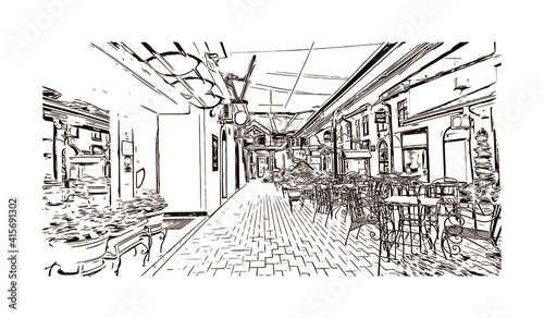 Building view with landmark of Sombor is the
city in Serbia. Hand drawn sketch illustration in vector.