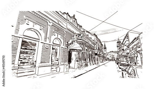 Building view with landmark of Sombor is the
city in Serbia. Hand drawn sketch illustration in vector.