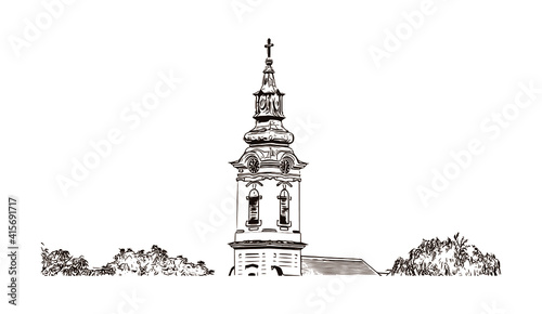 Building view with landmark of Sombor is the
city in Serbia. Hand drawn sketch illustration in vector.