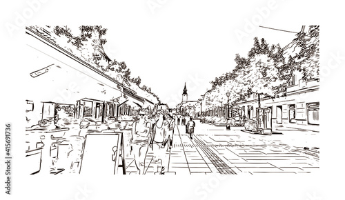 Building view with landmark of Sombor is the
city in Serbia. Hand drawn sketch illustration in vector.