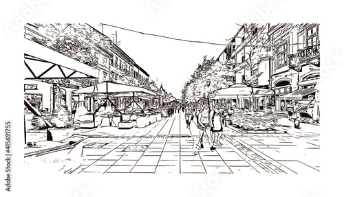 Building view with landmark of Sombor is the
city in Serbia. Hand drawn sketch illustration in vector.