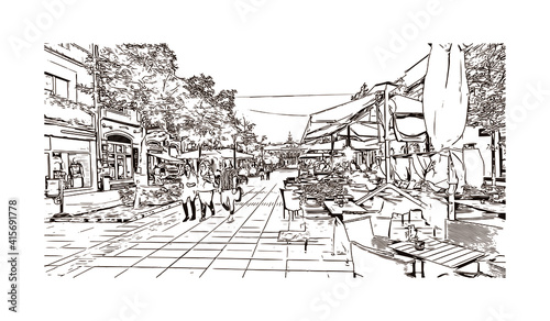 Building view with landmark of Sombor is the
city in Serbia. Hand drawn sketch illustration in vector.