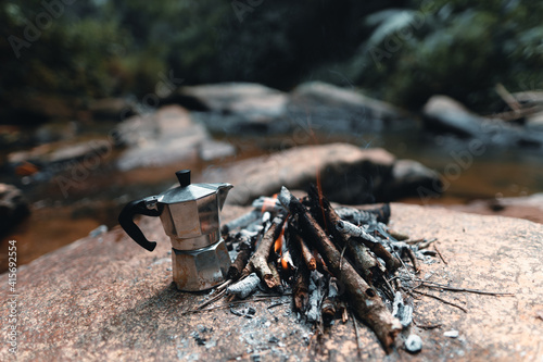 outdoor moka pot ,Brewing coffee in the forest with a moka pot