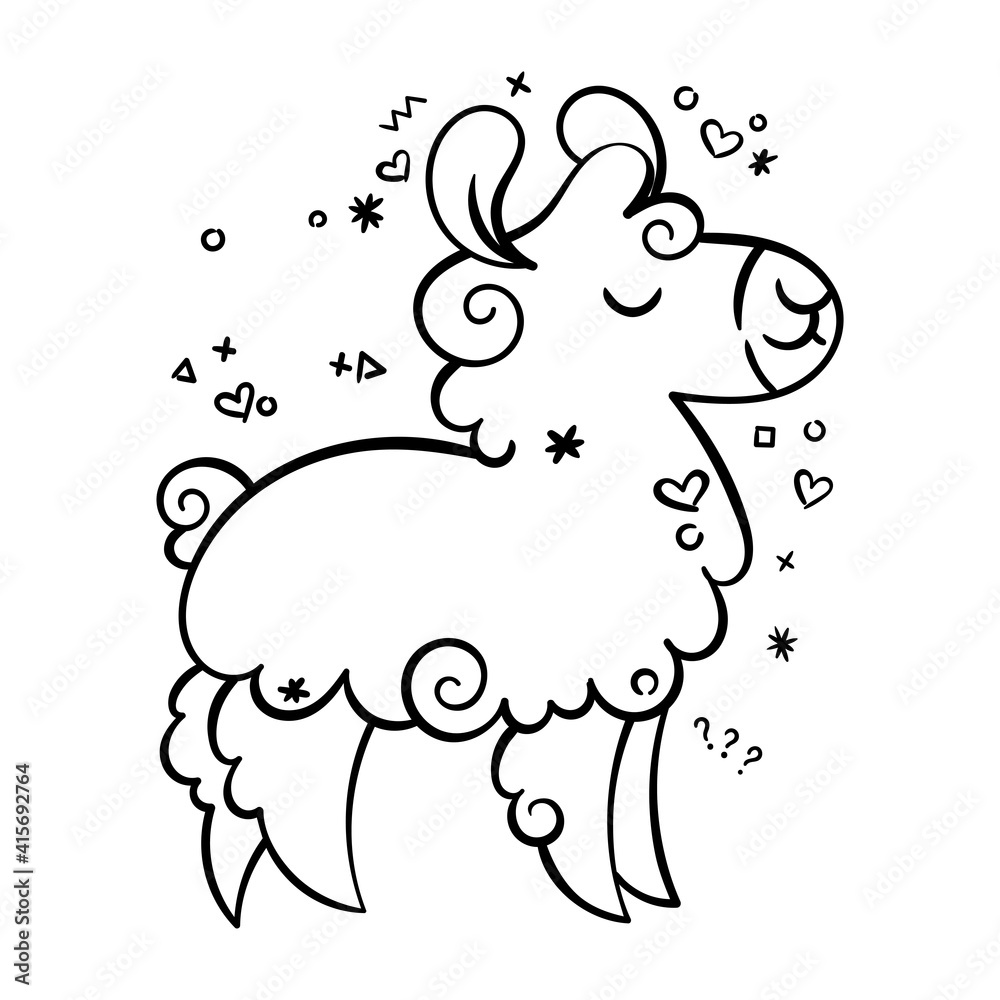 Obraz premium Cute curly llama. Illustration for coloring pages, children prints and publications