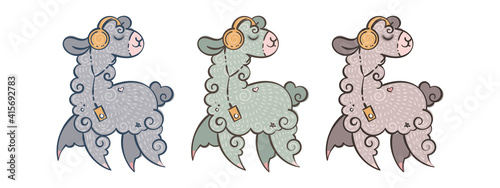 Set of cute curly llamas in headphones with a music player in a different colors. Vector illustration for coloring pages, children prints and publications
