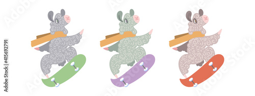 Set of a cute, curly-haired llamas rides a skateboard. Vector illustration in different colors for coloring pages, prints for children and adults, sports, healthy lifestyle