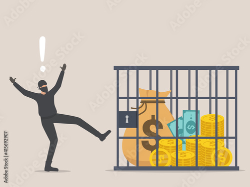 sack of money with dollar sign desired by thief being trapped inside a locked cage