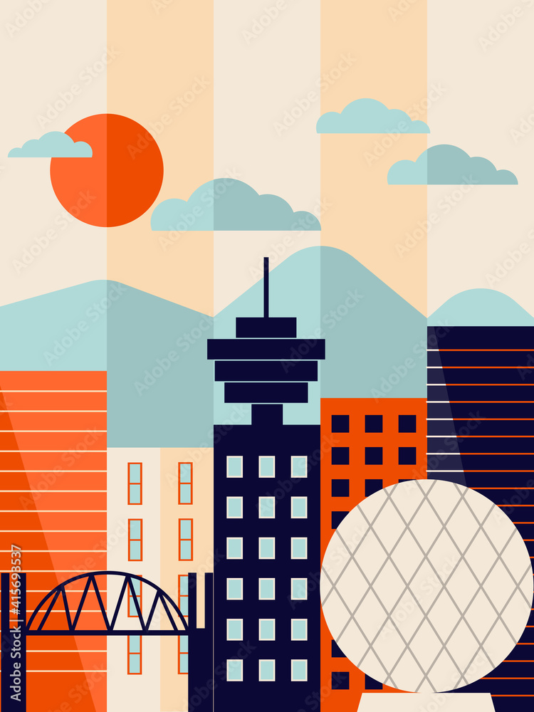 Fototapeta premium Vancouver cityscape with mountains and main sights