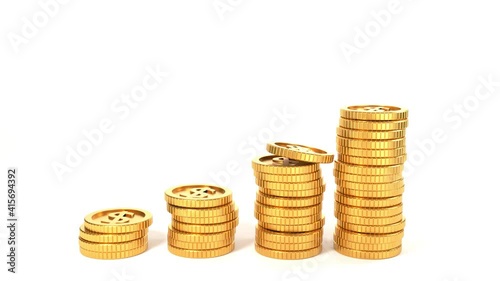 Falling gold dollar coin to form a graph on white background, business and banking concept, 3D animation render Full HD.