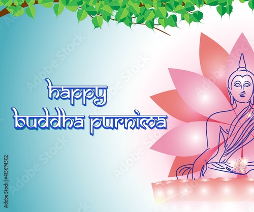 Indian Buddha Purnima festival(vesak day) with text, illustration is showing Buddha seating and absorbed in meditation 