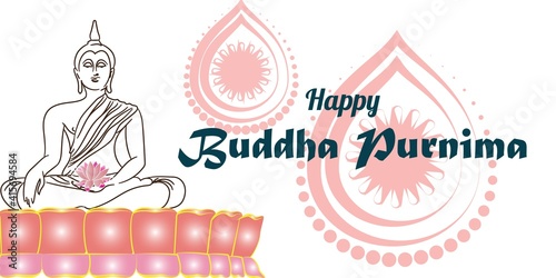 Indian Buddha Purnima festival(vesak day) with text, illustration is showing Buddha seating and absorbed in meditation 