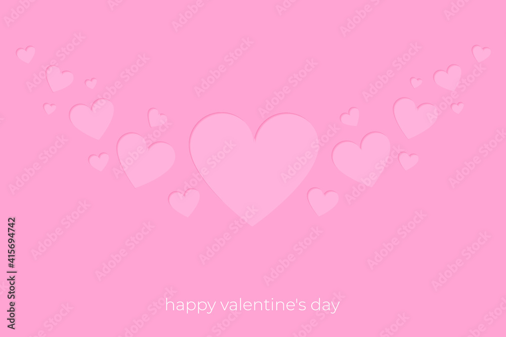 Valentines hearts postcard. Paper flying elements on pink background. Vector symbols of love in shape of heart design.