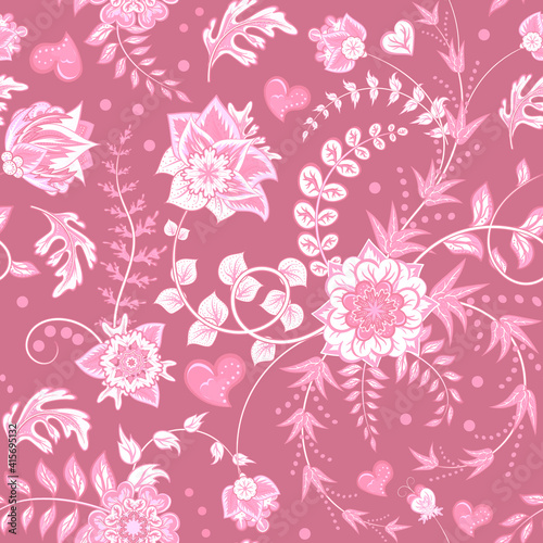 Abstract vector floral seamless pattern. Exotic Paisley elements,fantastic flower,leaves. Fairy pink background. Textile bohemian print. Batik paint. Vintage vector
