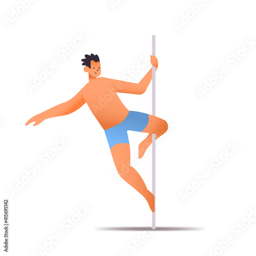 male dancer in sportswear pole dance man doing dancing exercises on pilon isolated full length vector illustration