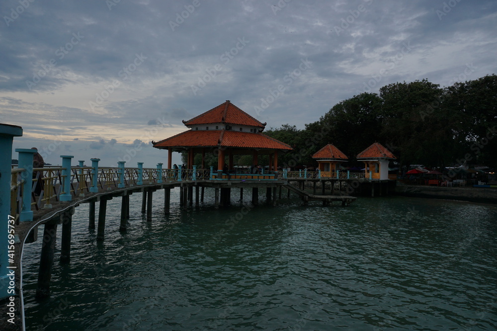 Jepara, 11.12.20; Beautiful sea view with sunny weather, there is a building in the middle of the sea at Kartini Beach, Jepara